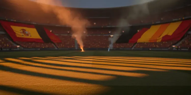 Floodlit empty stadium at dusk with Spanish and Belgian flag colours in stands, dramatic shadows, golden-hour lighting.