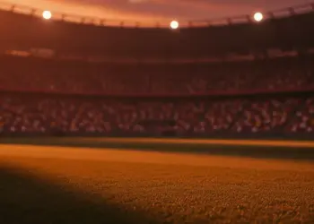 Floodlit stadium pitch at dusk with national colour stands, low-angle view, shadow patterns, no players.