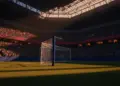 Floodlit stadium at dusk with goal frame shadows on empty pitch, packed stands silhouetted, dramatic lighting