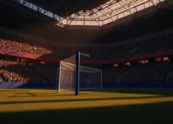 Floodlit stadium at dusk with goal frame shadows on empty pitch, packed stands silhouetted, dramatic lighting