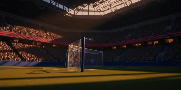 Floodlit stadium at dusk with goal frame shadows on empty pitch, packed stands silhouetted, dramatic lighting