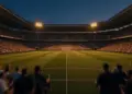 Floodlit football stadium at twilight with packed stands, dramatic shadows on empty pitch, golden-hour lighting.