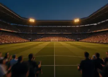 Floodlit football stadium at twilight with packed stands, dramatic shadows on empty pitch, golden-hour lighting.