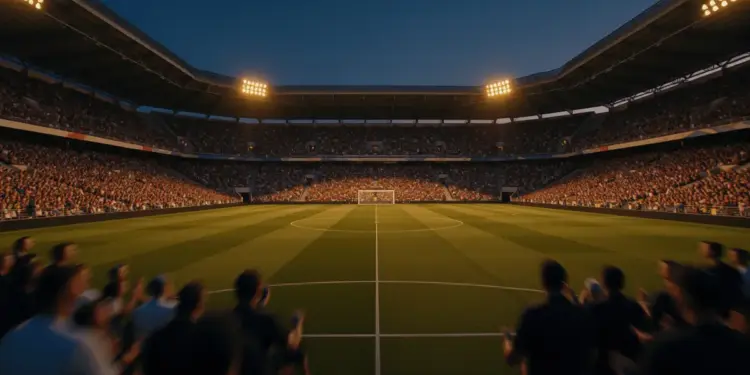 Floodlit football stadium at twilight with packed stands, dramatic shadows on empty pitch, golden-hour lighting.