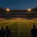 Floodlit football stadium at twilight with packed stands, dramatic shadows on empty pitch, golden-hour lighting.